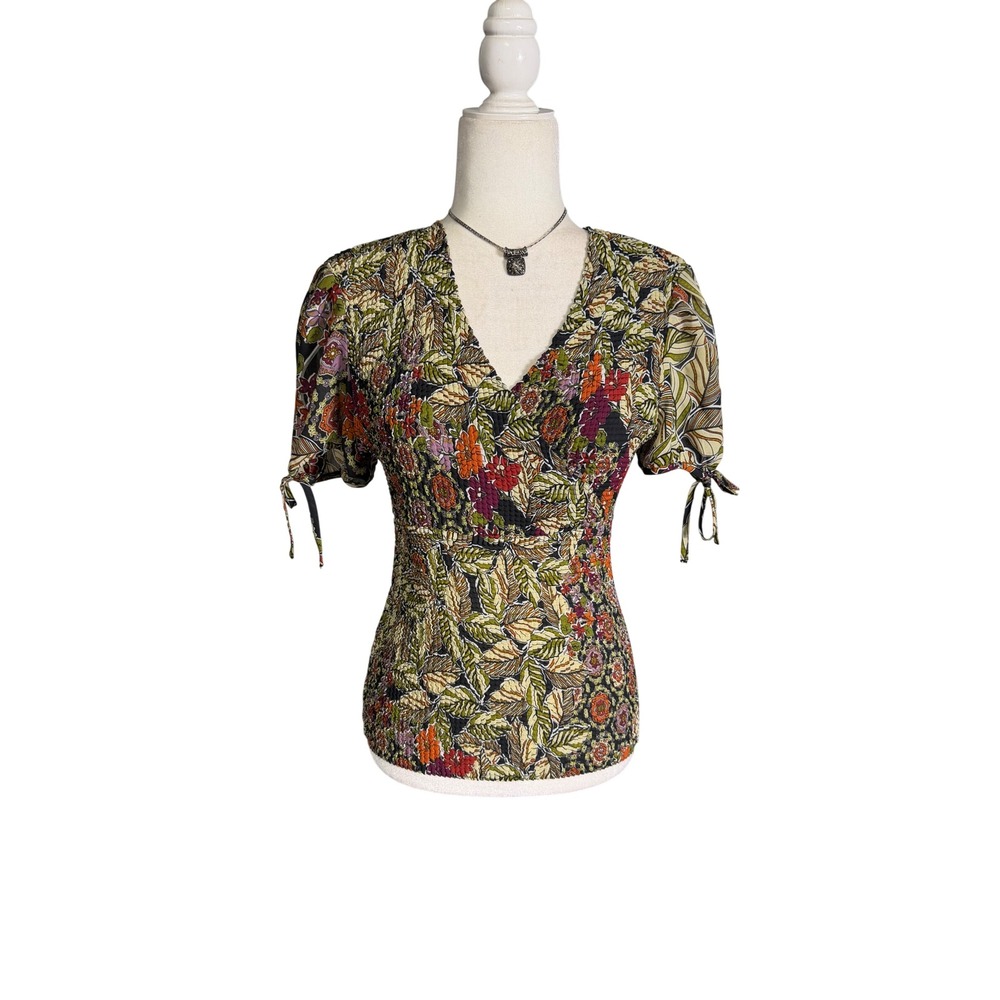 Y2K Nicola Crinkle Floral Stretch Top Boho Botanical‎ V Neck Tie Sleeve Medium
